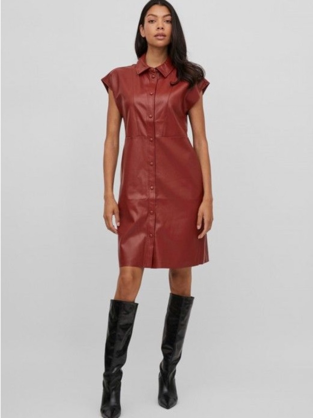 VILA Red Sleeveless Button-Front Faux Leather Dress